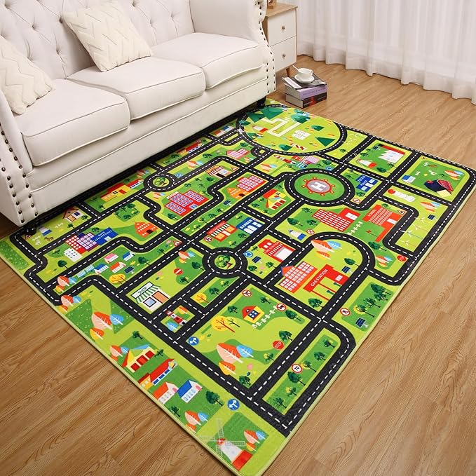 Kids Carpet Playmat 8x10 Car Play Rug Large Kids Play Rug City Traffic Road Mat Low Pile Non Slip Fun Carpet for Kids Children Nursery Playroom Classroom Educational City Life Carpet Black