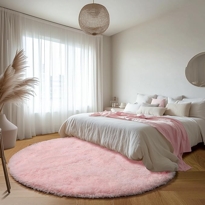 ONASAR Light Pink Round Area Rugs 5ft for Bedroom Living Room, Washable Fluffy Circle Rug for Kids Girls Boys Teen, Soft Plush Shaggy Carpet for Nursery Dorm Classroom Playroom Home Decor Aesthetic