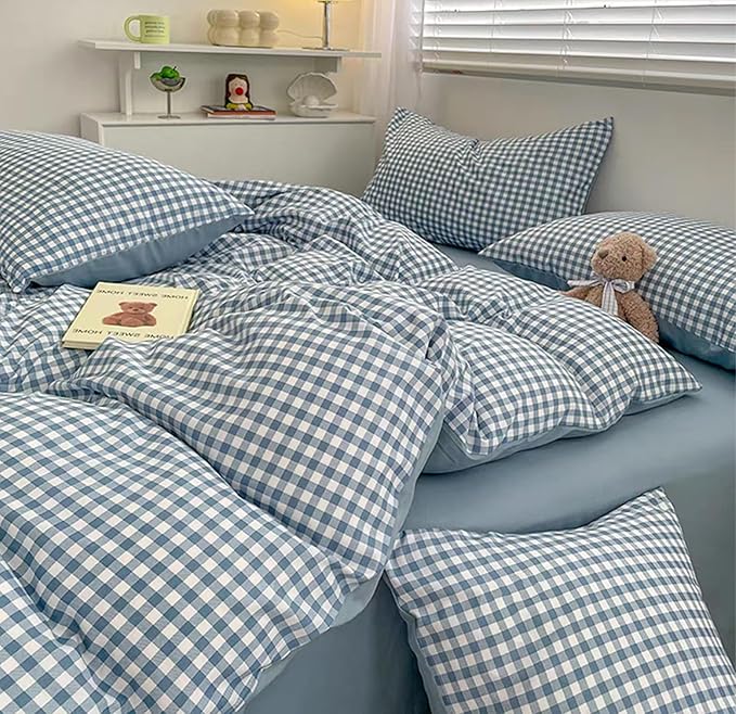 Gingham Duvet Cover Queen Size Blue Striped Bedding Set 3Pcs Kids Boys Girls Geometric Stripes Grid Lattice Soft Breathable Microfiber Comforter Cover with 2 Pillowcases