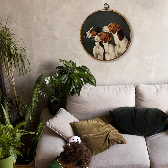 Hiuwevt Hound Dog Round Wall Art Decor, Whimsical Dark Moody Three English Foxhounds Framed Canvas Prints, Retro Dogs Portrait Round Wall Hanging Decor for Bedroom Home Decorations, 10x10 Inches