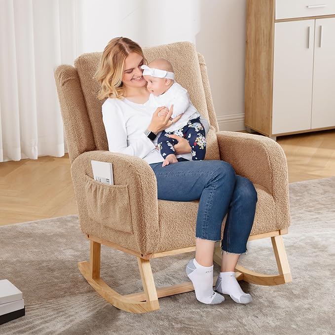 Rocking Chair Nursery, Nursing Rocking Chairs, Upholstered Nursery Glider Rocker Wingback Morden Rocking Chair with Lumbar Pillow for Mom Nursery, Living Room, Bedroom, Teddy Khaki