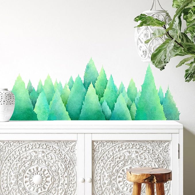 Watercolor Pine Tree Wall Decals Large Tree Wall Decal Sticker Green Tree Branches Wall Decals Evergreen Tree Wall Stickers Forest Decor Woodland Pine Tree Wall Stickers for Nursery Bedroom