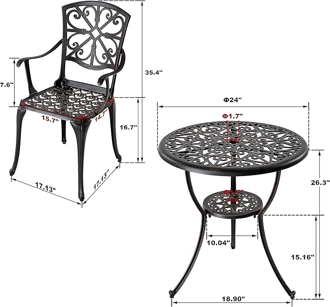 NUU GARDEN 3 Piece Outdoor Bistro Set Cast Aluminum Patio Set Bistro Table Set Rustproof Patio Table and Chairs with Umbrella Hole for Backyard, Balcony, Front Porch, Black
