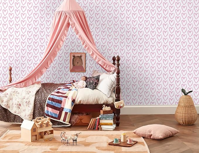 Timeet Pink Heart Wallpaper Peel and Stick Wallpaper Modern Wallpaper Pink White Contact Paper 17.7"x393.7" Self Adhesive Removable Wallpaper for Bedroom Kids Room Wall Decor