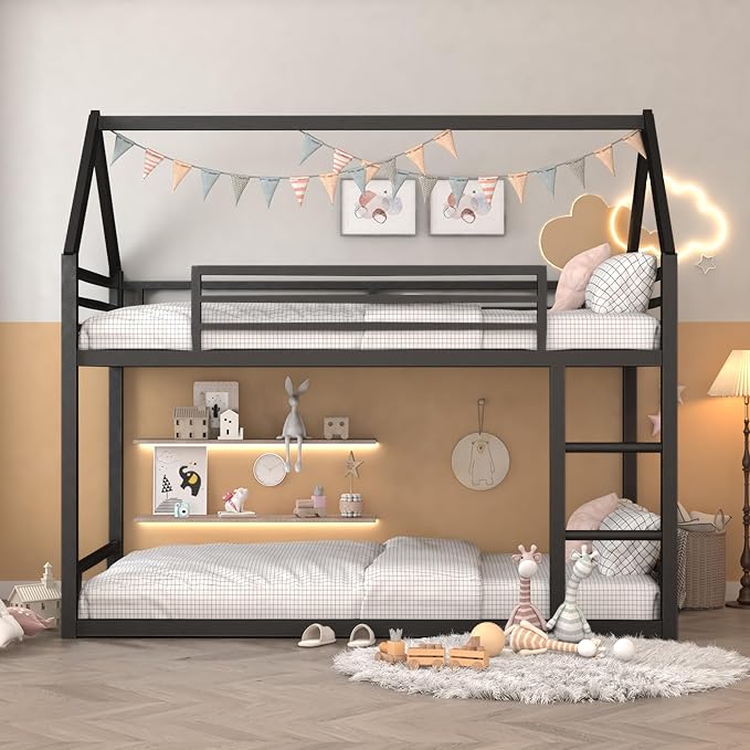 Bunk Bed Twin Over Twin, House Bunk Bed Frame with Ladder and Guardrail, House Shaped Bunk Bed Frame with Metal Slats for Girls Boys, Space Saving, No Box Spring Needed (Black)