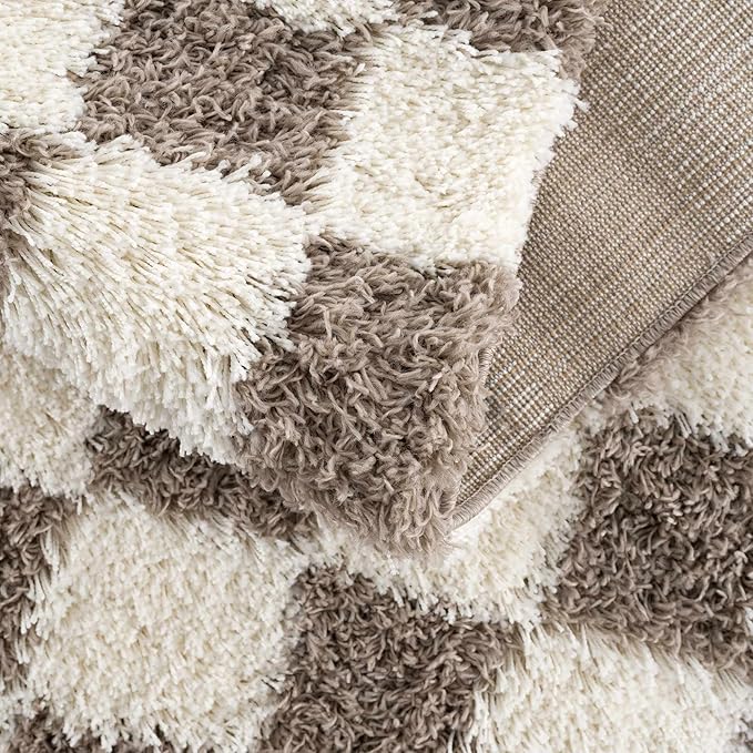 Hauteloom Atira Contemporary Checkered Fluffy Shag Area Rug - Modern Geometric Carpet Tiles for Living Room, Kids Room, Nursery - Plush Pile - Cream, Brown - 18" Sample