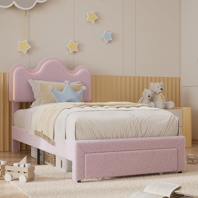 Twin Upholstered LED Bed Frame with Storage Drawers Girls Bed with Flower Headboard Boucle Princess Platform Bed Frame for Kids/Girls Strong Wood Slat Support,No Box Spring Needed,Easy Assembly