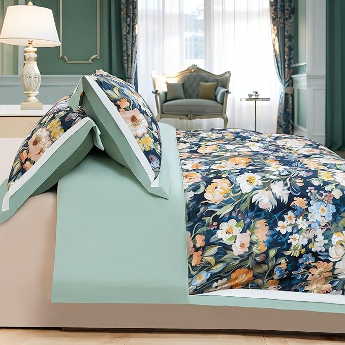 MAGRACE Vintage Botanical Duvet Cover Set Queen Size– 3PC Washed Fiber Bedding Set with Corner Ties & Zipper – Dark Green Background with Yellow Floral Pattern – Farmhouse Garden Style