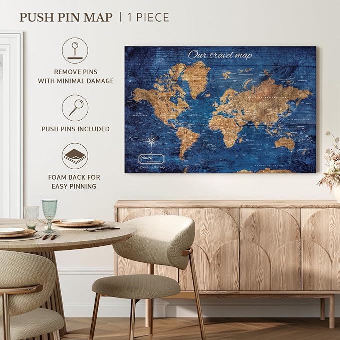 ElephantStock - Personalized Our Travel I Push Pin World Map Wall Art - Horizontal Canvas Wall Art - Living Room Wall Decor - Digital Art Map Canvas Art - Brown And Blue Decor - 51" x 34"
