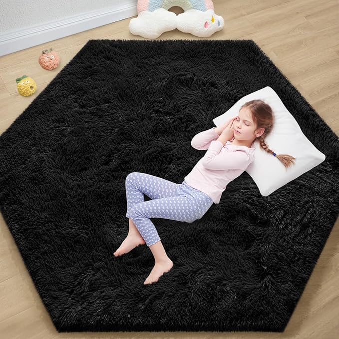 EVOIONOS Black Hexagon Rug, Fluffy Area for Bedroom, 5.2x6 Feet Shag Cute Carpet for Kids Girls Room, Fuzzy Plush Ultra Soft Cozy Non Slip for Indoor Floor, Shaggy Furry Faux Fur