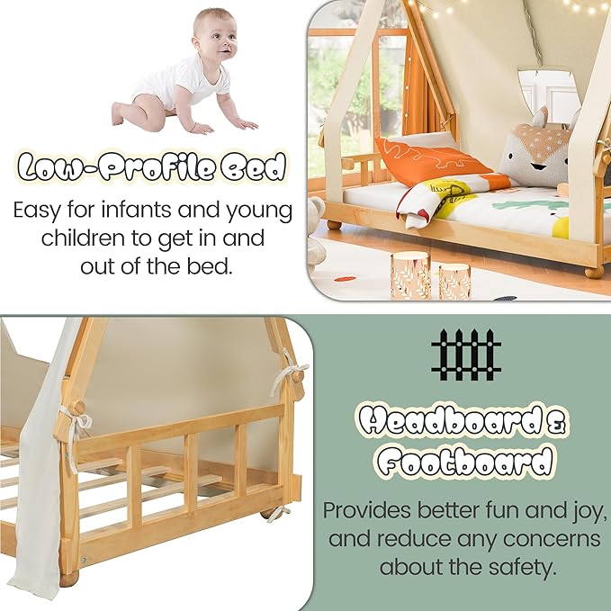 Montessori Floor Bed Twin with Tent & Light, Wood Twin House Beds for Kids, DIY Playhouse, Low-Profile Teepee Bed, Playful Indoor Adventure & Sleep for Girls Boys,Natural+White
