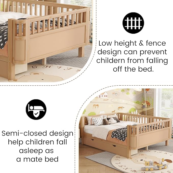 Full Size Kids Bed Frame with Rails, Wood Montessori Bed Full with 2 Storage Drawers &Slats Support, Modern Daybed with Removable Bed Rails for Girls Boys Bedroom Living Room, Natural