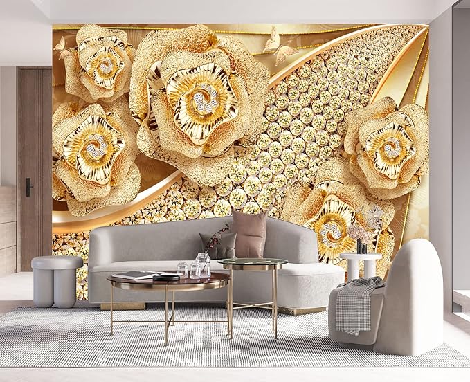 Golden Jewelry Diamond Rose Butterfly Wall Mural Wallpaper for Bedroom 178" x 117"