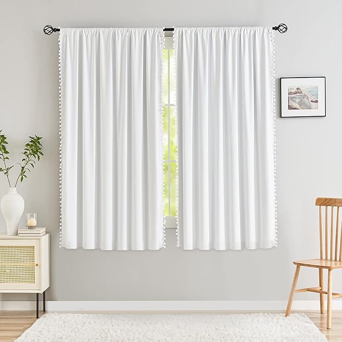 Treatmentex White Blackout Curtains for Bedroom Pom-Pom Thermal Insulated Full Blackout Window Drapes 63inch Length Curtain Panels for Kids Guest Room Hotel 52" Wx 2pcs