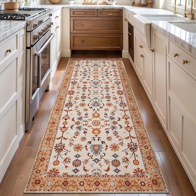 Tangsoo Washable Runner Rug for Hallway Non Slip, 2x6 Boho Floral Vintage Carpet Runner Rugs for Entryway, Floor Low Pile Runners for Kitchen Bathroom Laundry Bedroom Alfombra Orange Farmhouse