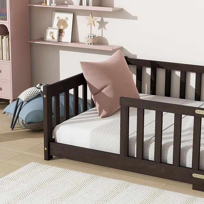 Twin Size Floor Bed for Kids, Wood Montessori Floor Beds with Fence Railings and Slats Support, Twin Playhouse Bed Frame for Boys Girls, No Box Spring Needed, Espresso