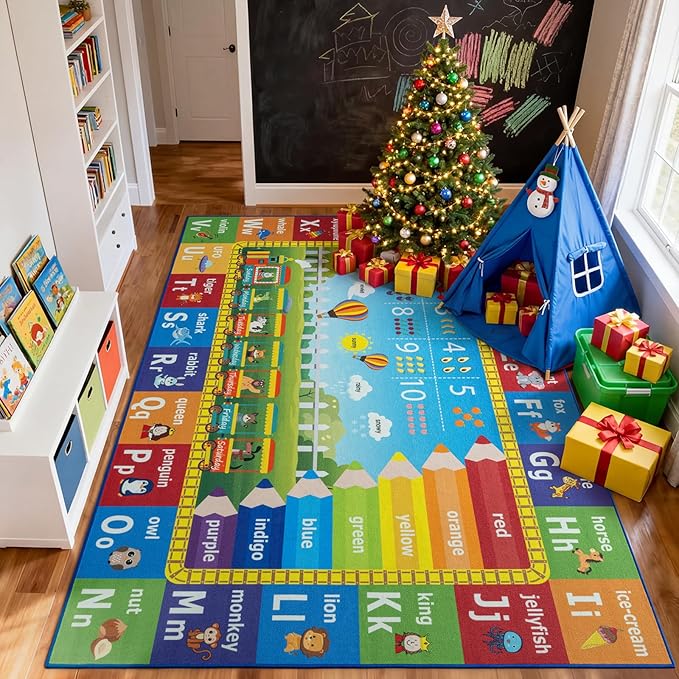 Unirea 8x10 Kids Rug for Playroom Classroom Bedroom, Washable Educational Play Mat with ABC Alphabet, Numbers, Animals for Living Room, Nursery, Colorful Learning Carpet for Toddlers, Rainbow