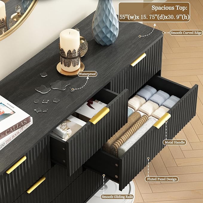 CARPETNAL Fluted 7 Drawer Dresser for Bedroom, 55" Wide Wooden Chest of Drawers with Rounded Corners, Gold Handles, Modern Storage Organizer for Bedroom, Hallway(Black)