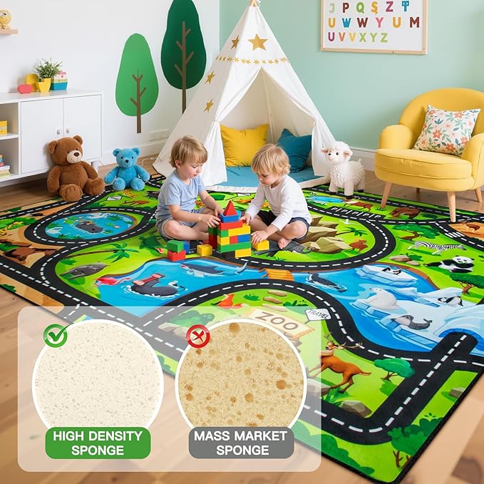 Kids Rug, 5x7 FT Animal Car Rugs for Kids Toy Cars, Extra Thick (0.4in) - Non-Slip Zoo Road Rug Mat Carpet for Playroom & Bedroom, Educational Learning & Game Area