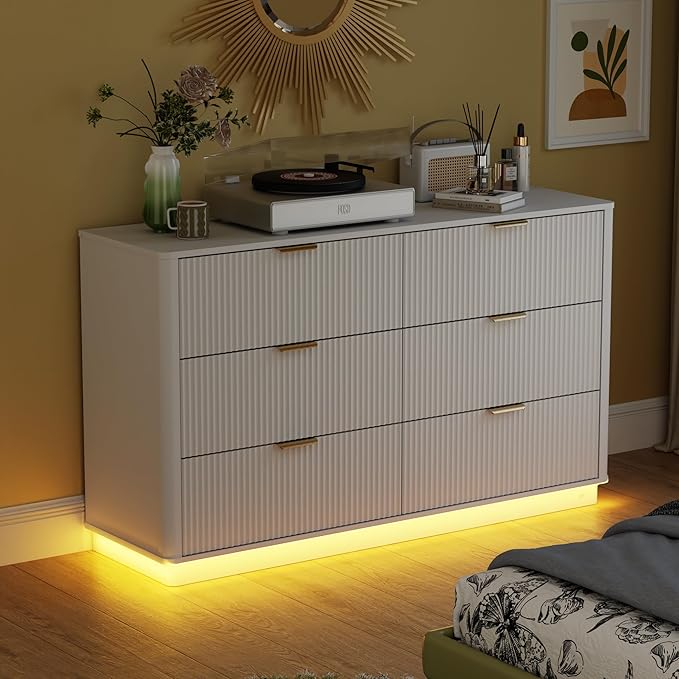 Fluted Dresser for Bedroom with 6 Drawers, 54" Wide Modern Chest of Drawers with Lighting, Wooden Dresser TV Stand with Curved Edges, Closet Organizer for Living Room, Hallway,White