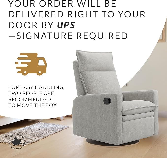 Arya Modern Nursery Glider Recliner Chair – Cozy Nursing Chair with 360° Swivel for New Parents, Gentle Motion, Compact Design, High Back & Low Armrests, Canadian Made (Silver Grey/Nubia Fabric)