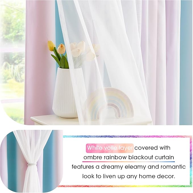 100% Blackout Curtains with Sheer Overlay Mix and Match Double Layer Drapes 72 Inch Length 2 Panels for Room Bedroom Room Ombre Rainbow Grommet Window Treatment with Tiebacks