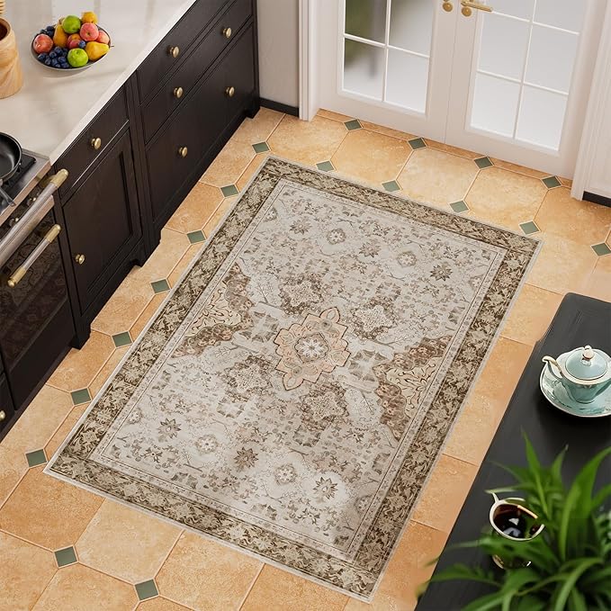 AMTOVO 2x3 Washable Entryway Area Rug Door Mat, Vintage Boho Distressed Print Pattern Non-Slip Carpet, Small Throw Rug for Indoor Entrance Kitchen Bedroom Bathroom Laundry Floor, Light Brown