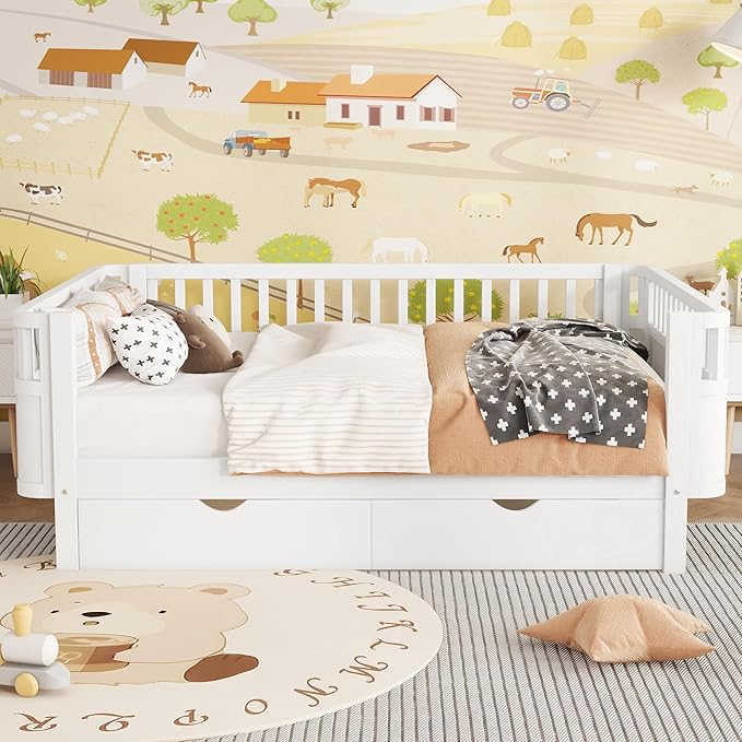 KEIKI Full Size Wooden Floor Day Bed w/Large Storage Drawers, Space Saving Corner Platform Daybed Frame, Removable Safety Rail, Montessori Kids Beds for Boys Girls Bedroom, No Box Spring Needed, White