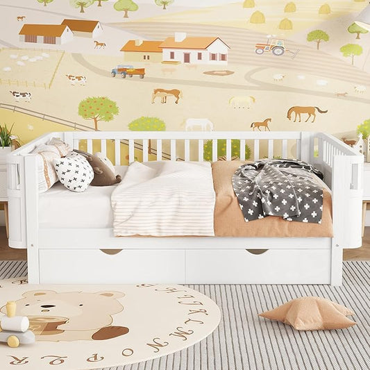 KEIKI Full Size Wooden Floor Day Bed w/Large Storage Drawers, Space Saving Corner Platform Daybed Frame, Removable Safety Rail, Montessori Kids Beds for Boys Girls Bedroom, No Box Spring Needed, White