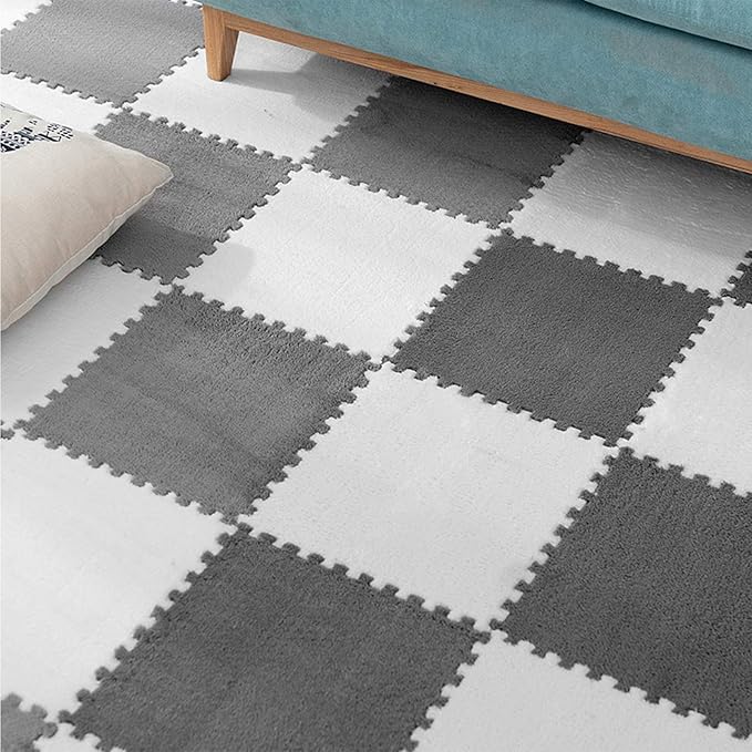12 pcs Plush Puzzle Foam Floor Mat for Kids- Thick Interlocking Fluffy Tiles with Border Square Rug Split Joint Soft Climbing Carpet Mats Shaggy Area Rug for Room Floor(11.8'', White & Gray)