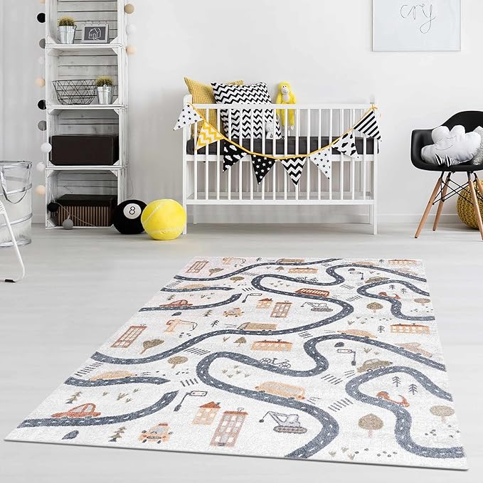 Hauteloom Mave Road Rug for Kids, Toddler Room, Nursery, Playroom, Classroom- Machine Washable - Cream, Red, Blue, Gray - 6'7" x 9'