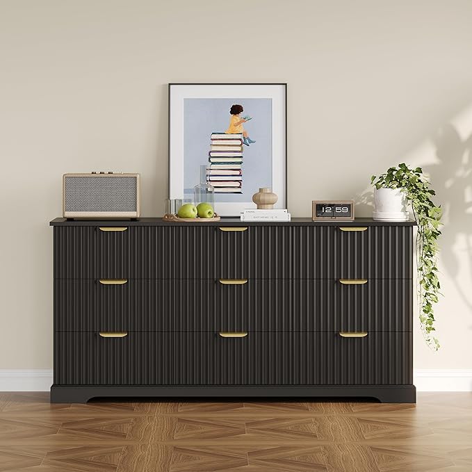 Fluted Dresser with 9 Drawers for Bedroom, 63" Wide Dresser with Metal Handle, Wooden Chest of Drawers for Bedroom, Living Room, Entryway, Black