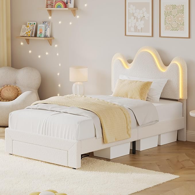 IDEALHOUSE Twin Bed Frame with LED Headboard and Under-Bed Drawer, Metal Upholstered Platform Bed with LED Light for Kids, Girls, Lamb Fleece Fabric, Wooden Slats Support, No Box Spring Needed, White