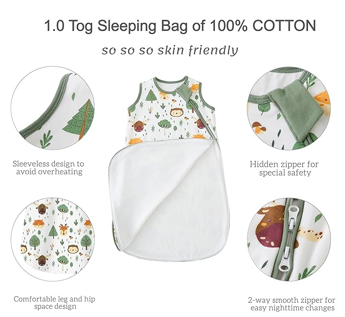 Baby Sleep Sack 1.0 Tog, 100% Cotton 2 Pack Wearable Blanket Sleeping Bag for Babies and Newborn, M(6-12M), Forest Animals+Green