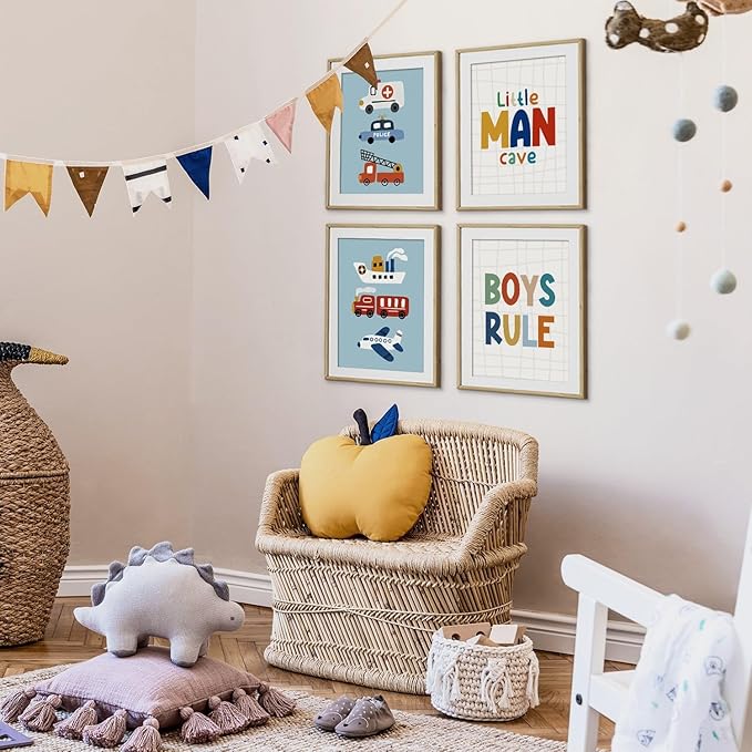 VONTP Boys Room Wall Art Decor, Little Man Cave Boys Rule Vehicle Transports Prints Poster Wall Decorations for Kids Boy Nursery Toddler Room Bedroom Playroom, 8x10 Inch Set of 4 (Unframed)