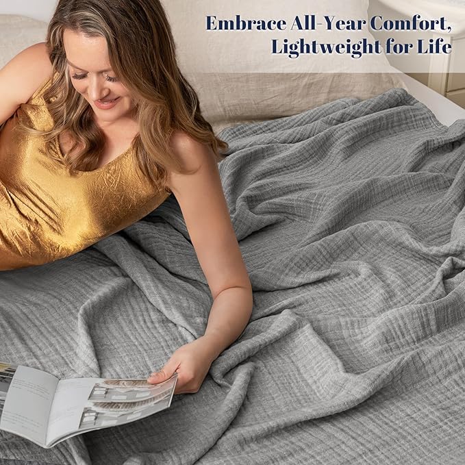 PHF 100% Cotton Muslin Blanket Twin XL Size 66"x90", 4-Layer Lightweight Gauze Throw, Breathable Cloud-Soft Minimalist Blanket for Bed, Couch, Camping & Baby, Grey, Ideal Gift