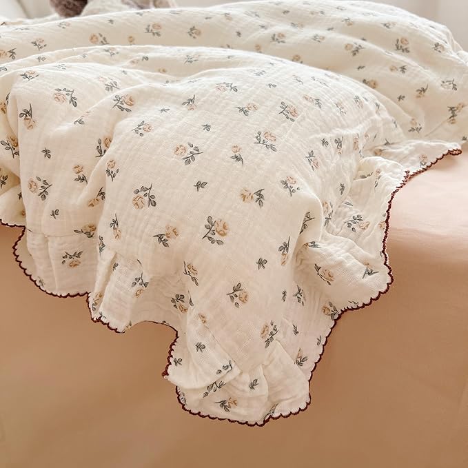 AOJIM Muslin Baby Kids Duvet Cover with Ruffled Edges for Boys Girls, 1 Piece Pure Cotton Toddler Comforter Cover 47X59'', Rose Pattern Kids Bedding 2-Layer Gauze, No Quilt or Pillowcases