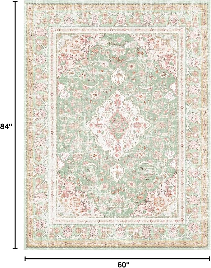 Vhong Washable Area Rugs Boho Vintage Modern Neutral Large Carpet Green and Pink High Traffic Rugs 5×7 for Dinning Room Living Room Bedroom Farmhouse Non Slip