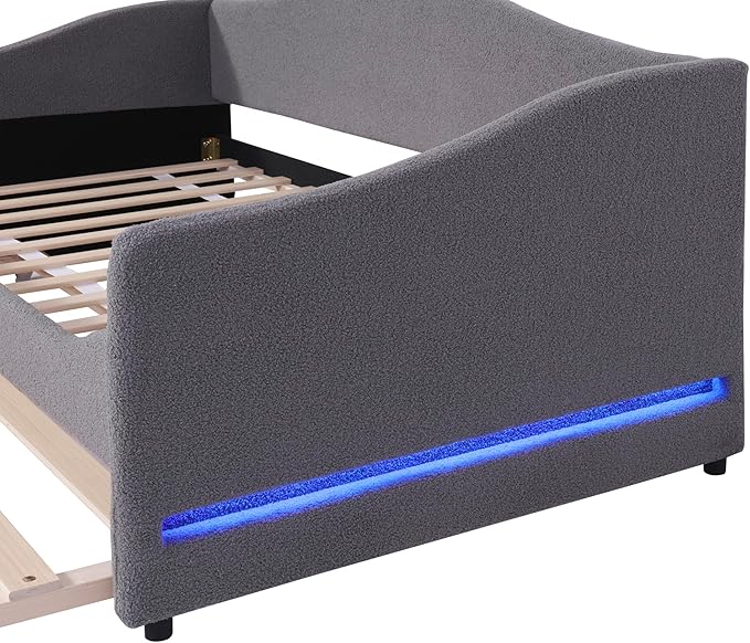 Merax Twin Size Upholstered Daybed with Light and Trundle, Gray Teddy Fleece Sofa Bed Modern Wooden Platform Bed Frame for Bedroom, Living Room, Guest Room, Apartment