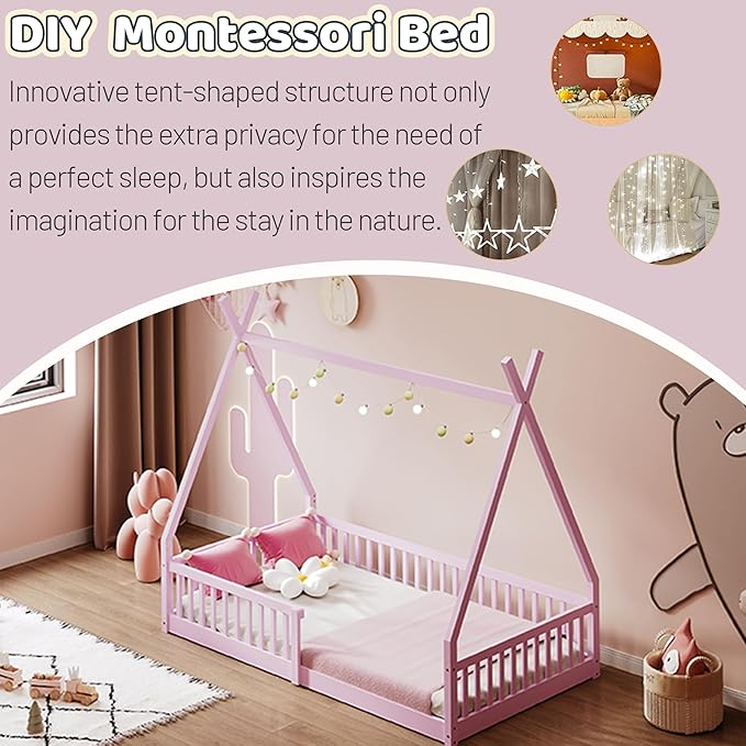 Twin House Bed with Fence Rails, Wood Montessori Floor Bed with Slats Support, Twin Size Teepee Tent Beds Kids Bed Frames for Girls Boys,Pink
