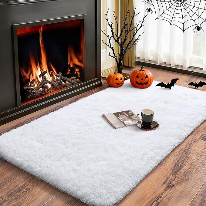Merelax Fluffy Rug Shaggy Area Rug, Snow White 2x4 Small Rugs for Fireplace Holiday Christmas Decor, Mini Fuzzy Plush Kids Bedside Rug, Soft Non-Slip Entryway Throw Rugs Shag Catpet for Living Room ﻿
