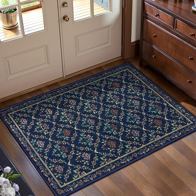 Tangsoo 2x3 Small Washable Entry Rug,Non Slip Moroccan Trellis Blue Floral Throw Area Rugs for Entryway,Front Door Mats Indoor Entrance Carpet for Kitchen Office Laundry, Soft Kids & Pets Friendly