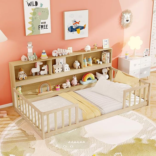 KOMFOTT Twin Floor Bed with Bookcase & Shelves, Wood Bed Frame with Bedside Bookshelves & Guardrails, Versatile 2-in-1 Montessori Floor Bed for Kids (Twin,Natural)