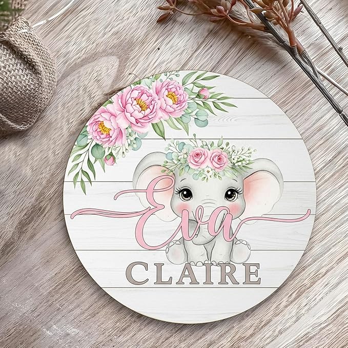 Personalized Baby Girl Name Sign with Elephant and Flowers – Custom Wooden Nursery Wall Decor for Playroom, or Gift Nursery Room Decoration