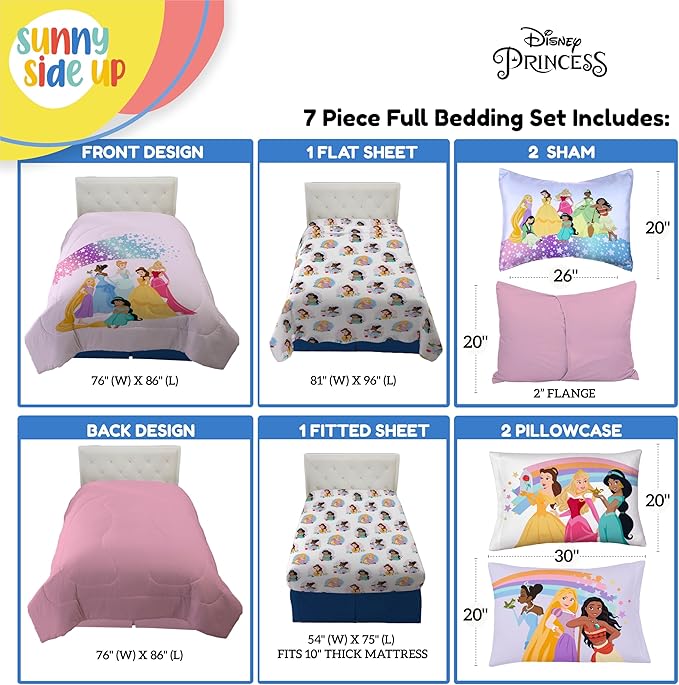 Disney Princess Full Comforter Set - 7 Piece Kids Bedding Includes Comforter, Sheets & Pillow Cover - Super Soft Rainbow Stars Microfiber Bed Set