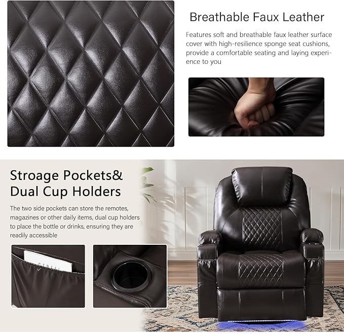 Power Swivel Rocker Recliner Chair with Massage and Heat/LED Lights/USB and Type-C Ports/Infinite Position/Cup Holder, Electric Glider Reclining Sofa for Nursery Living Room(2, Brown)