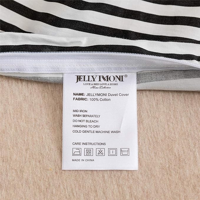 JELLYMONI 100% Natural Cotton 3pcs Striped Duvet Cover Sets,White Duvet Cover with Black Stripes Pattern Printed Comforter Cover,with Zipper Closure & Corner Ties(King Size)