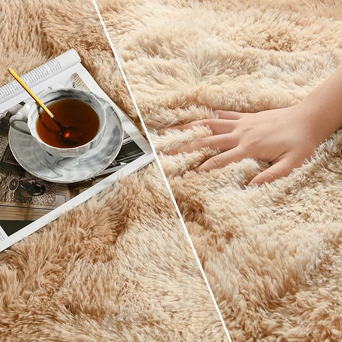 Large Shag Area Rugs 5 x 8, Tie-Dyed Plush Fuzzy Rugs for Living Room, Ultra Soft Fluffy Furry Rug for Bedroom, Indoor Carpet Nursery Rugs for Kids Room Home Decor, Beige