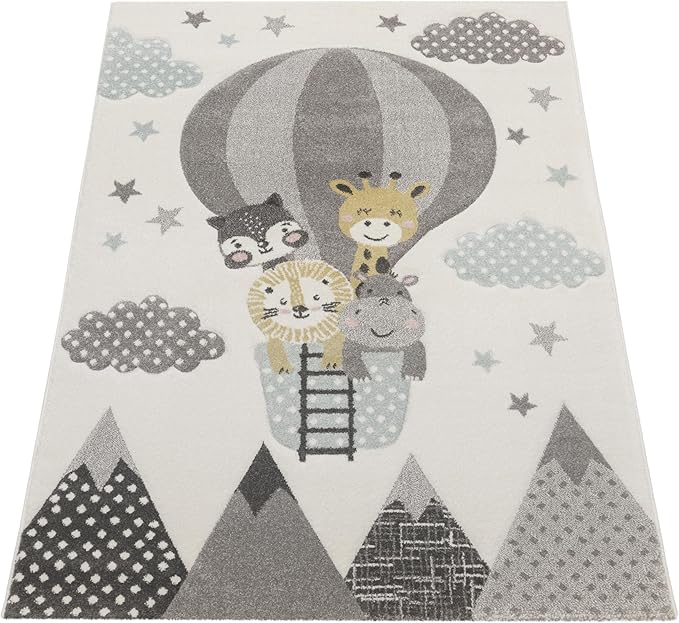 Paco Home Kids Rug with Cute Animals on a Hot Air Balloon Ride in Pastel, Size: 4'7" x 6'7"