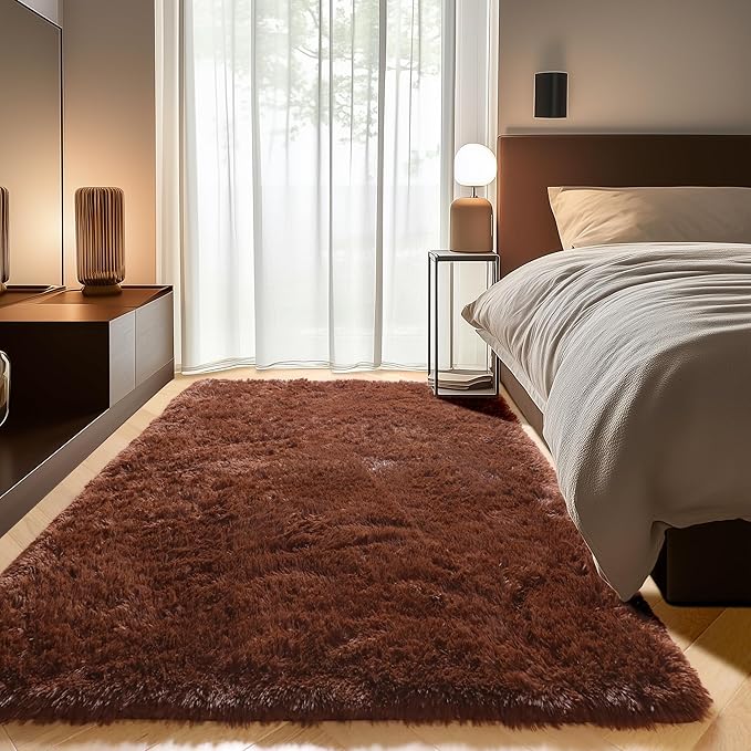ONASAR Brown Area Rugs for Bedroom Living Room, Washable Fluffy 4x6 Indoor Bedside Floor Throw Rug, Soft Plush Shaggy Carpet for Nursery Kids Girls Boys Teen Dorm Home Office Decor Aesthetic